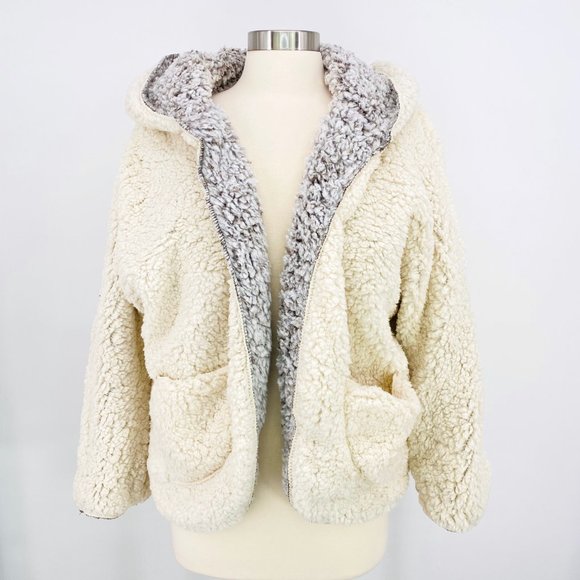 Reversible Teddy Sherpa Fur Open Front Hoodie Jacket With Pockets Cream NWT - Picture 4 of 8